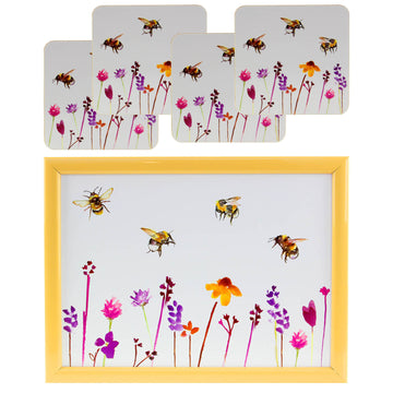 5-pc Bees & Flowers Laptray & Coasters Set - Floral