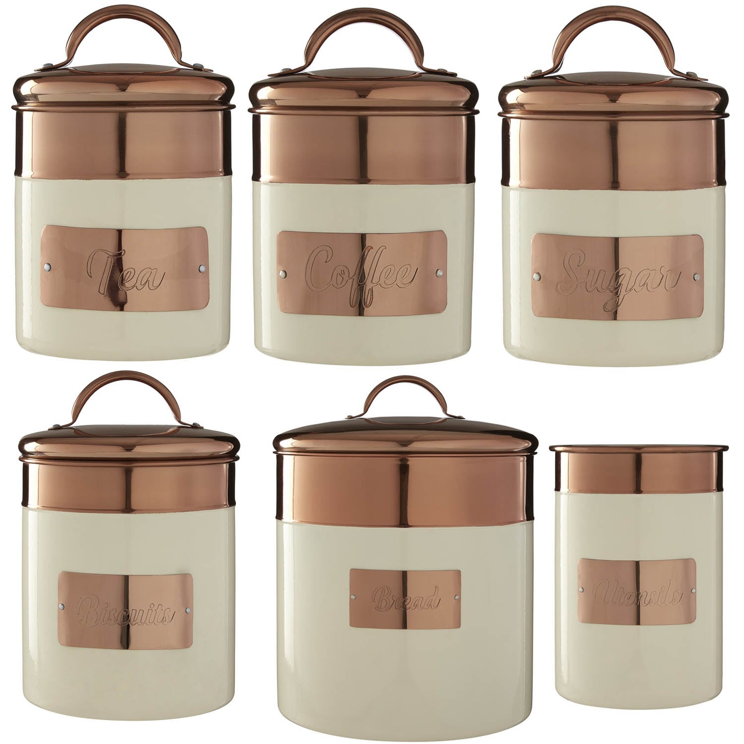 6-pc Copper Tea Coffee Sugar Biscuit Bread & Utensils Canisters