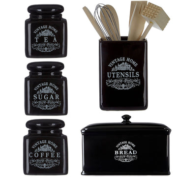 Black Ceramic Tea Sugar Coffee Bread Canisters & Utensils Holder Wooden Utensils Included