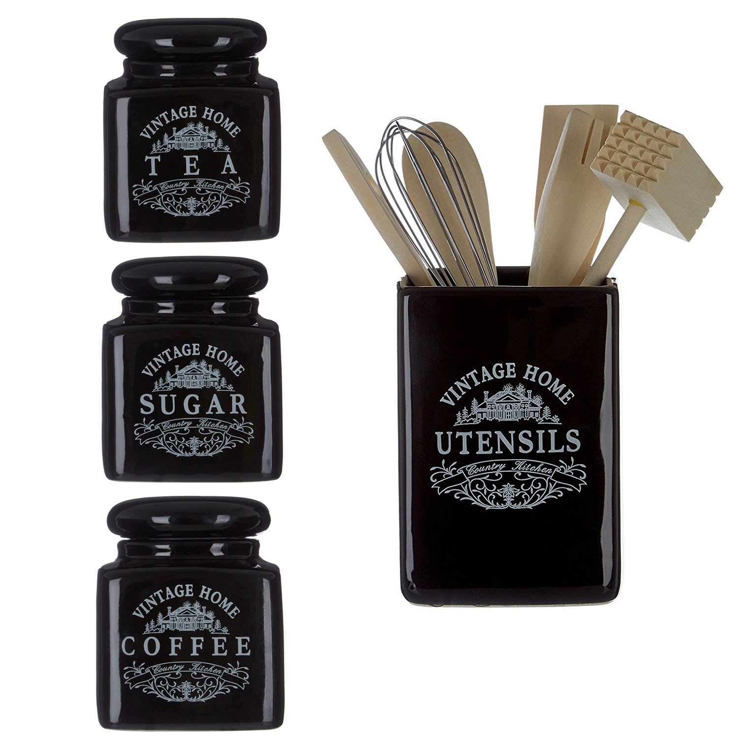 Black Ceramic Utensils Tea Coffee & Sugar Jars