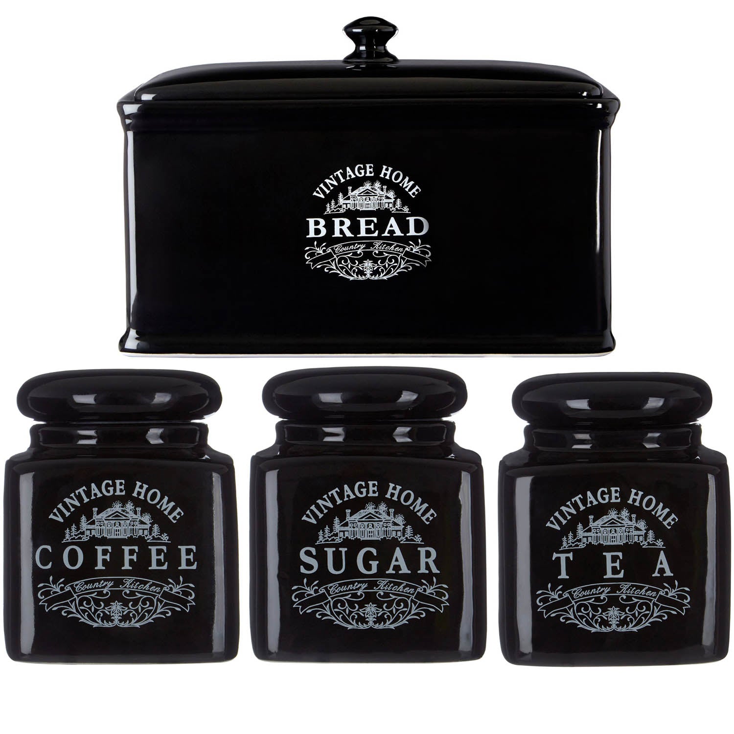 Set Of 4 Black Ceramic Vintage Tea Sugar Coffee Canisters & Bread Bin