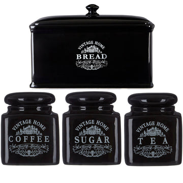 Set Of 4 Black Ceramic Vintage Tea Sugar Coffee Canisters & Bread Bin