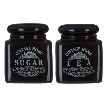 Set Of 2 Black Vintage Tea & Sugar Jar