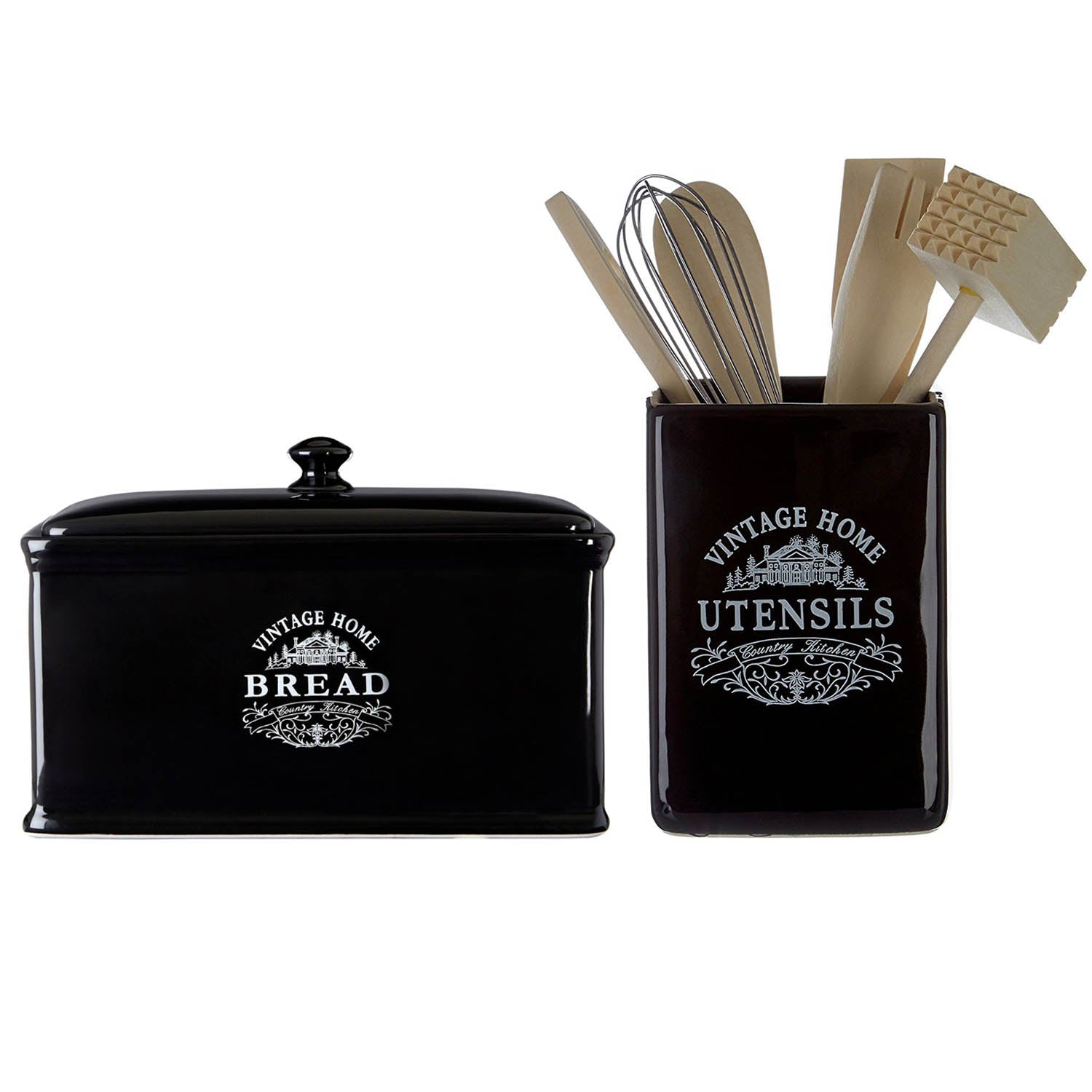 Black Ceramic Vintage Bread Bin And Utensil Holder With Wooden Utensils