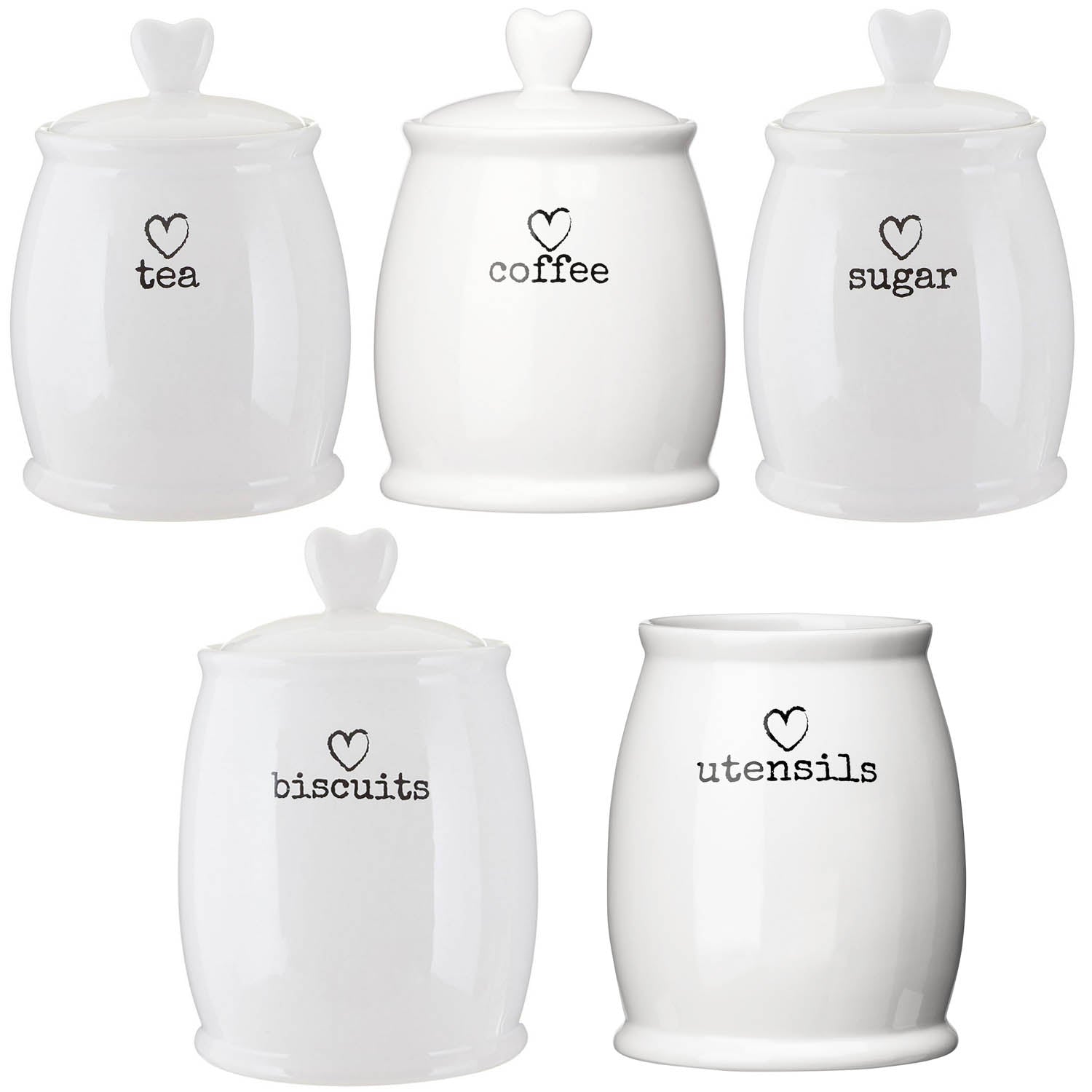 5pcs White  Sugar Tea Coffee Biscuit Canister Jar & Utensils Holder Set