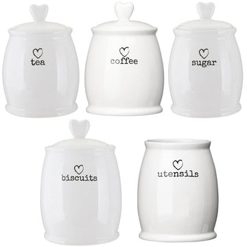 5pcs White  Sugar Tea Coffee Biscuit Canister Jar & Utensils Holder Set