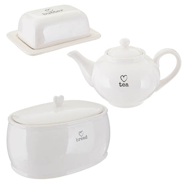 3pcs White  Teapot Bread Crock & Butter Dish Set