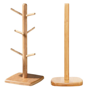 Set Of 2 Bamboo Mug Tree Towel Roll Holder