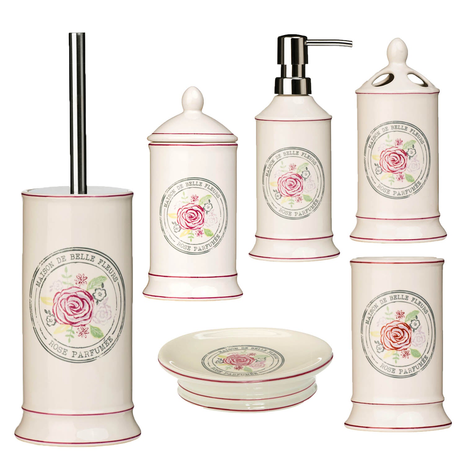6pcs Floral Rose Pink Belle Stoneware Bathroom Accessories