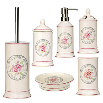 6pcs Floral Rose Pink Belle Stoneware Bathroom Accessories