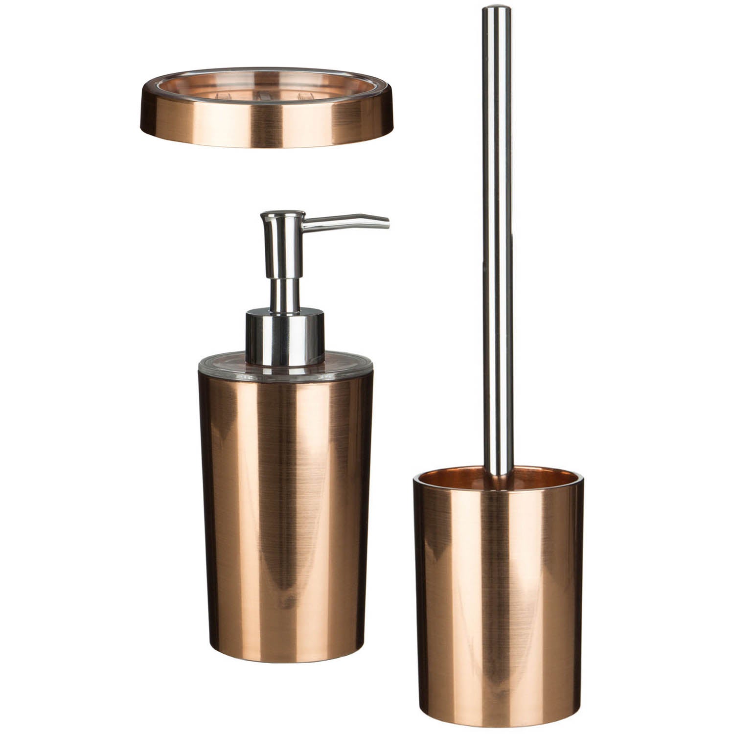 3-Piece Set Shine Rose Gold Soap Dish Liquid Dispenser & Toilet Brush