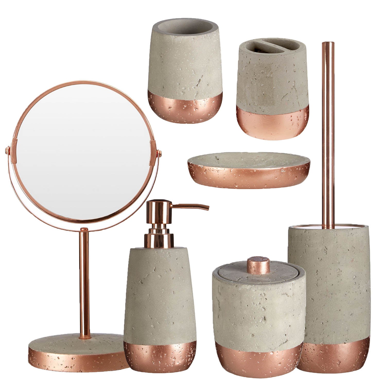 Set of 7 Concrete Grey Neptune Copper  Bathroom Organisers & Mirror