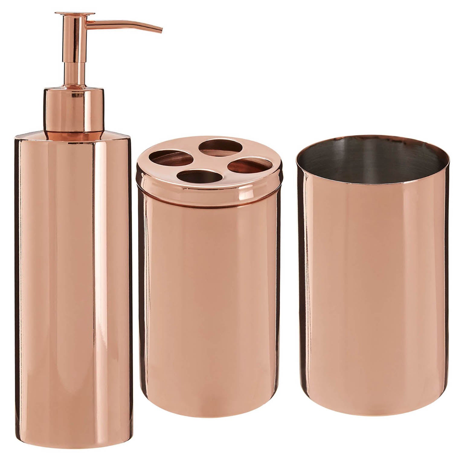 Set Of 3 Clara Rose Gold Toothbrush Holder Tumbler & Liquid Dispenser