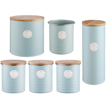 6Pcs Typhoon Blue Coffee Tea Sugar Biscuit Canisters Pasta Jars & Utensil Holder