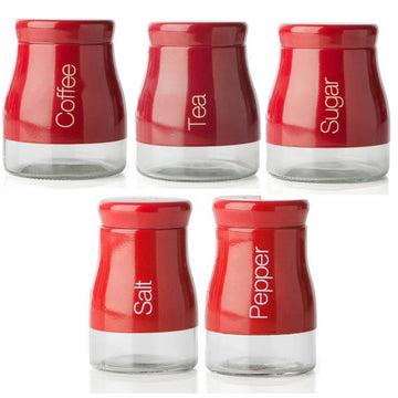 5Pcs Red Coffee Tea Sugar Canisters & Salt Pepper Shaker