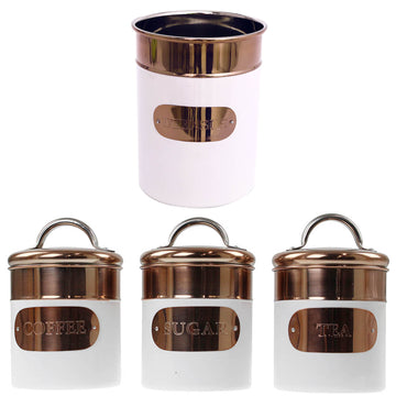 4Pcs Copper White Coffee Tea Sugar Canisters & Utensils Holder