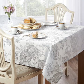 Floral Jacquard Oblong Dining Table Cloth 60x84" - Silver Grey
