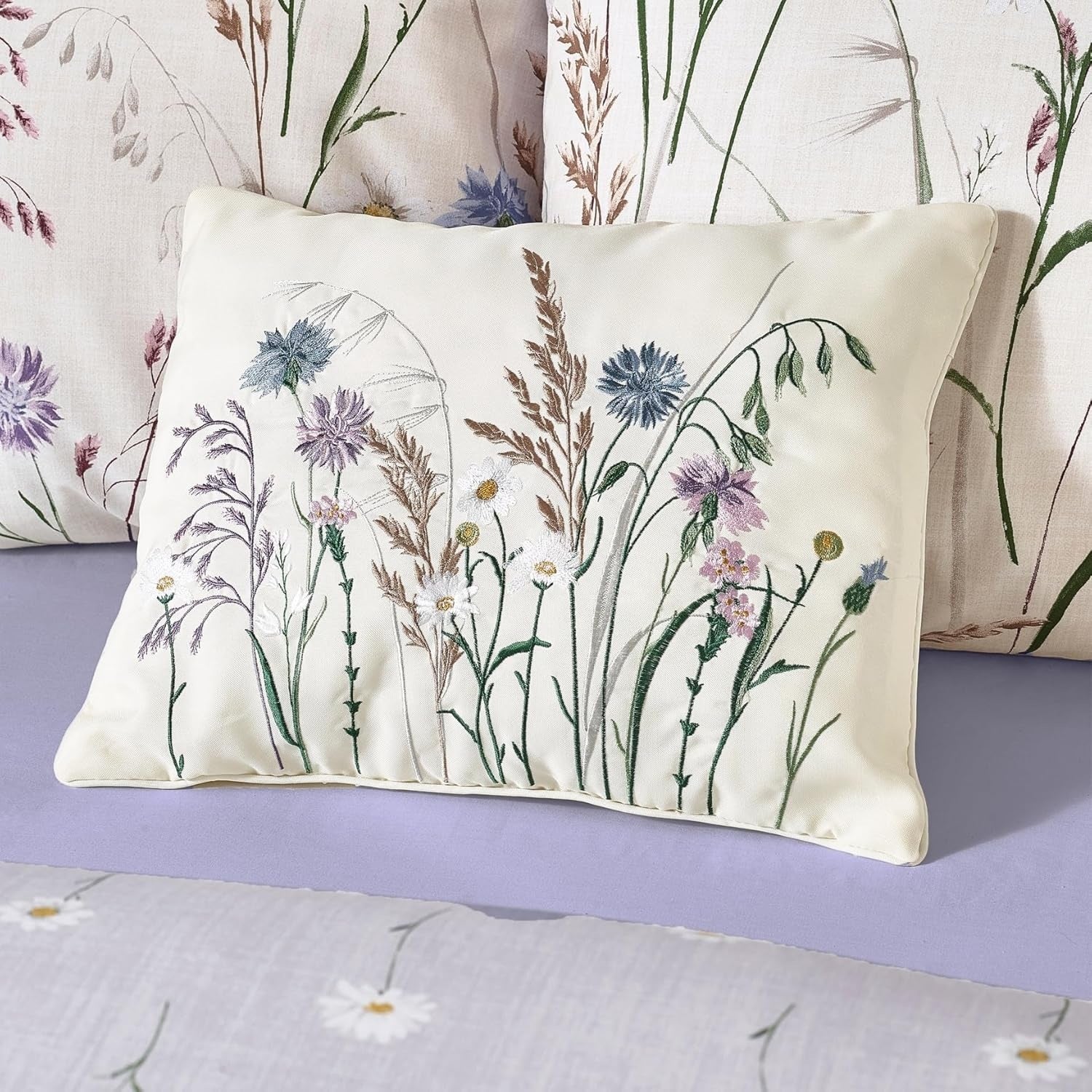 Catherine Lansfield Embroidered Countryside Floral Cushion, Natural