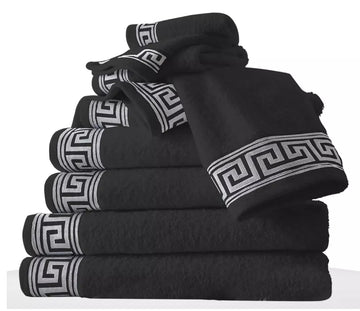 8pcs Embroidered Greek Keys Towel Bale 500GSM - Black & Silver Grey