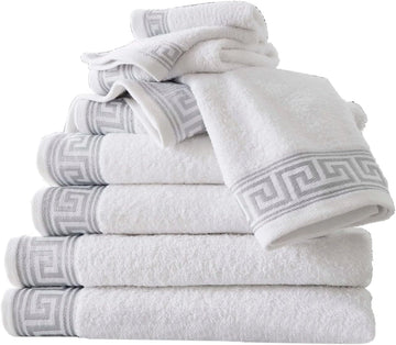 2pk Embroidered Greek Keys Face Towel 100% Egyptian Cotton 500GSM - White & Silver Grey