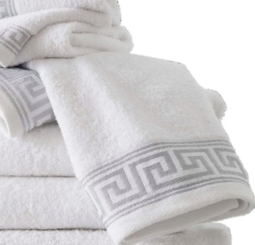 Embroidered Greek Keys Hand Towel 100% Egyptian Cotton 500GSM - White & Silver Grey