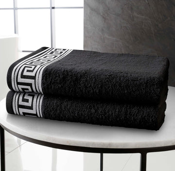 Embroidered Greek Keys Bath Sheet Towel 100% Egyptian Cotton - Black & Silver Grey