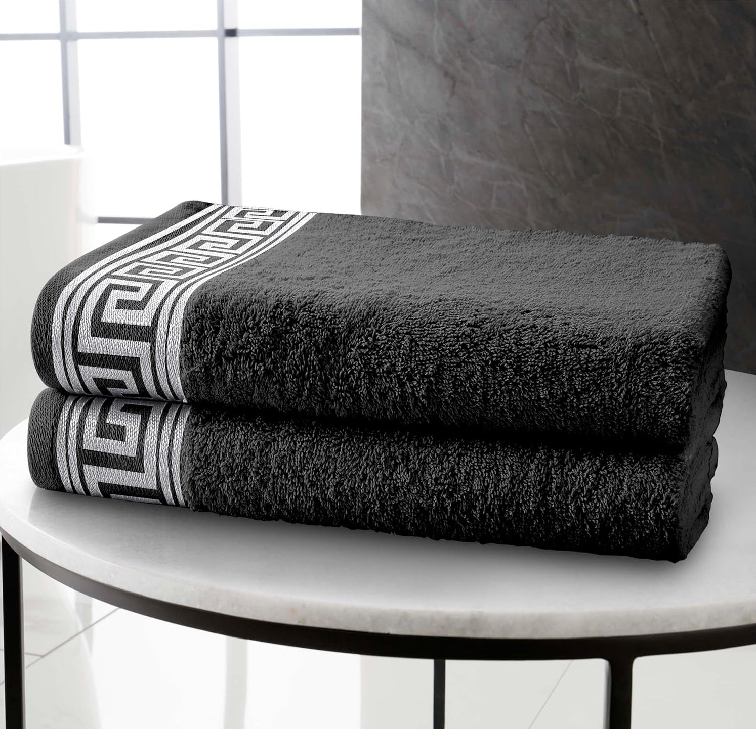 Embroidered Greek Keys Bath Sheet Towel 100% Egyptian Cotton - Charcoal & Silver Grey