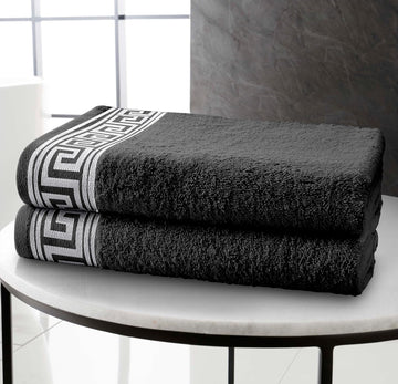 Embroidered Greek Keys Bath Sheet Towel 100% Egyptian Cotton - Charcoal & Silver Grey