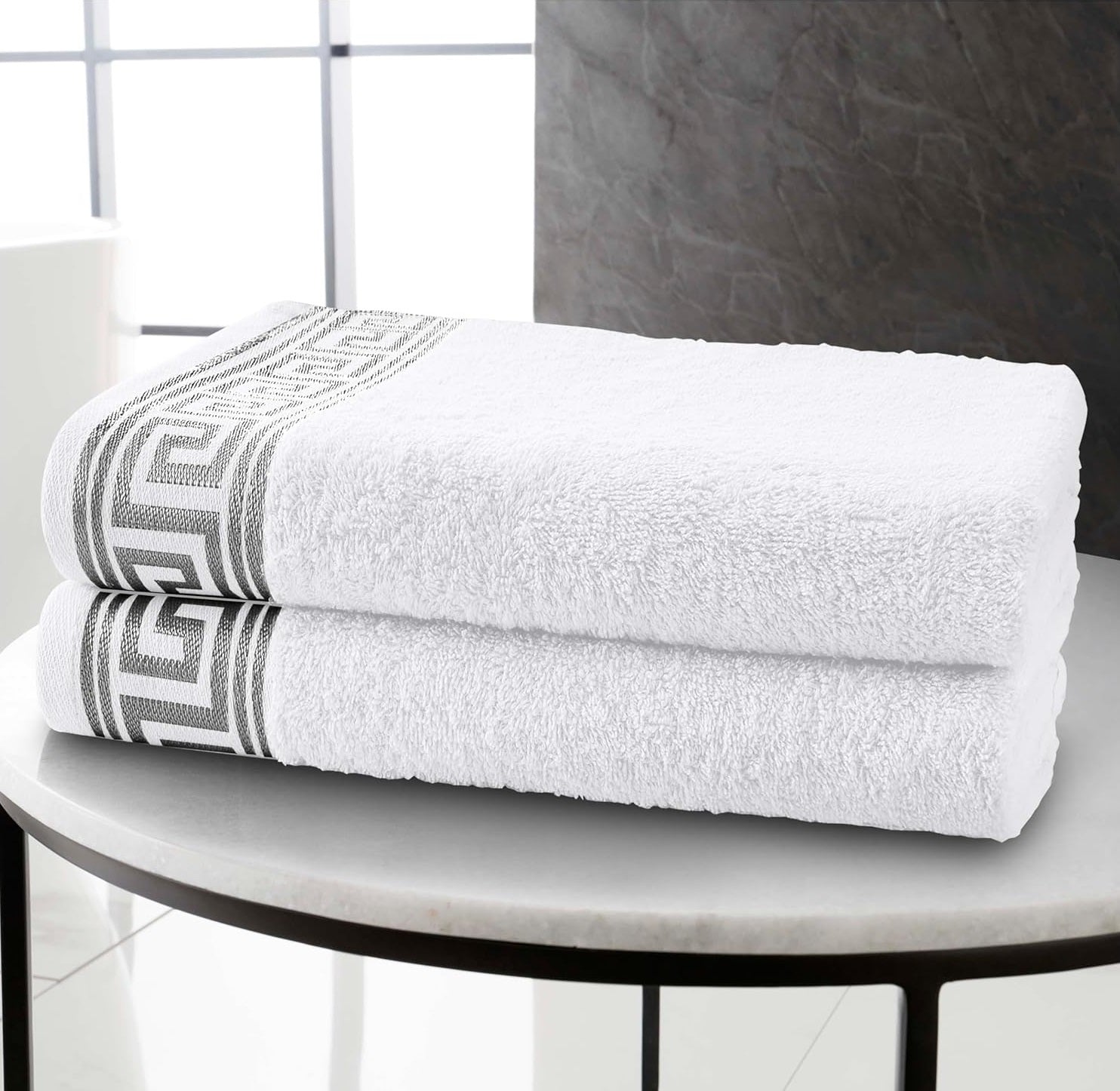 Embroidered Greek Keys Bath Sheet Towel 100% Egyptian Cotton - White & Silver Grey