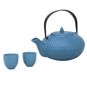 800ml Mizu Blue Ceramic Oriental Hobnail Teapot & 2 Cups Set