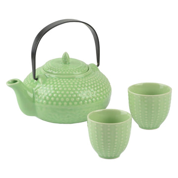 800ml Jade Green Ceramic Oriental Hobnail Teapot & 2 Cups Set