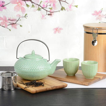 800ml Jade Green Ceramic Oriental Hobnail Teapot & 2 Cups Set