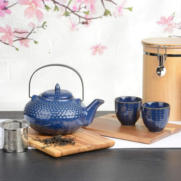 800ml Azure Blue Stoneware Oriental Hobnail Teapot & 2 Cups Set