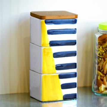 3 Tier Ceramic Totem Food Storage Jar With Wooden Lid - Square