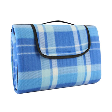 135×105cm Blue Fleece Checkered Picnic Blanket With Handle