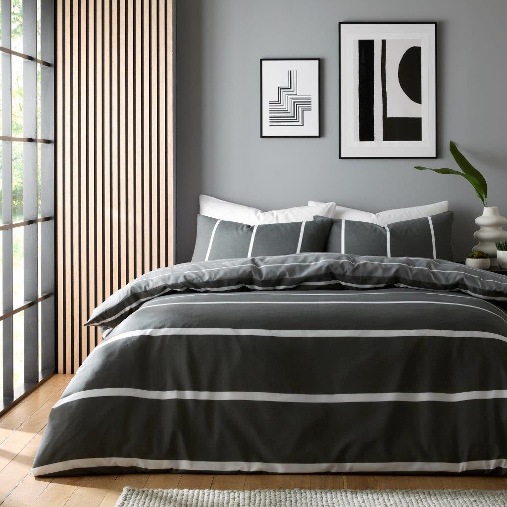 Harris Striped Duvet Cover Set, Single, Black & Grey