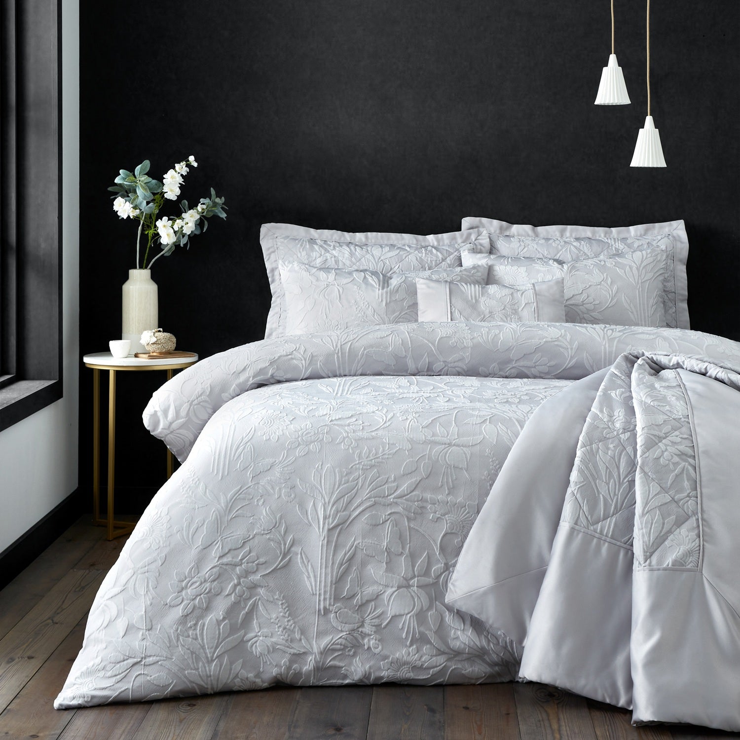 Countryside Floral Butterfly Jacquard Quilted Bedspread + Pillowshams Set Silver