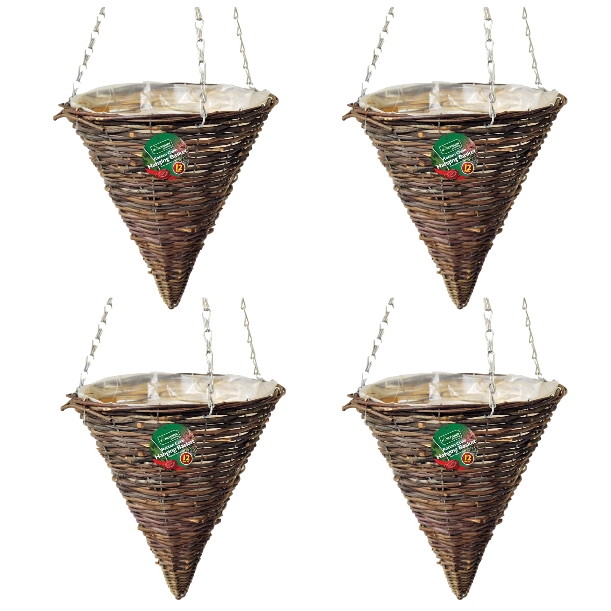 4pc 12inch Dark Rattan Cone Heavy Duty Hanging Basket