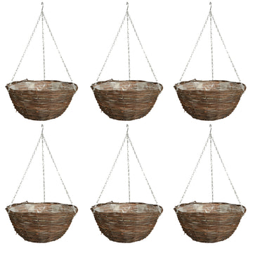 6pc 12 Inch Dark Rattan Hanging Basket