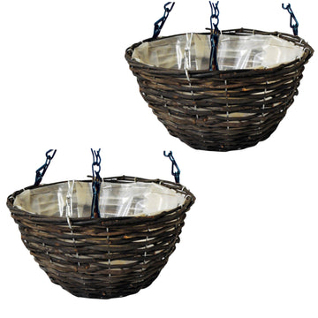 2pc 16 Inch Dark Rattan Hanging Basket