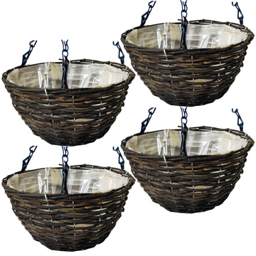 4pc 16 Inch Dark Rattan Hanging Basket