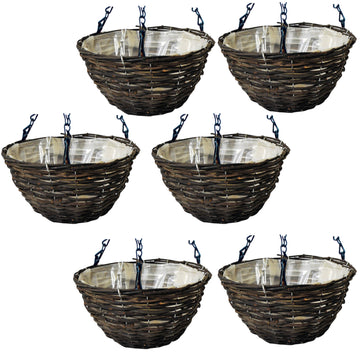 6pc 16 Inch Dark Rattan Hanging Basket