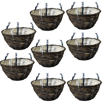 8pc 16 Inch Dark Rattan Hanging Basket