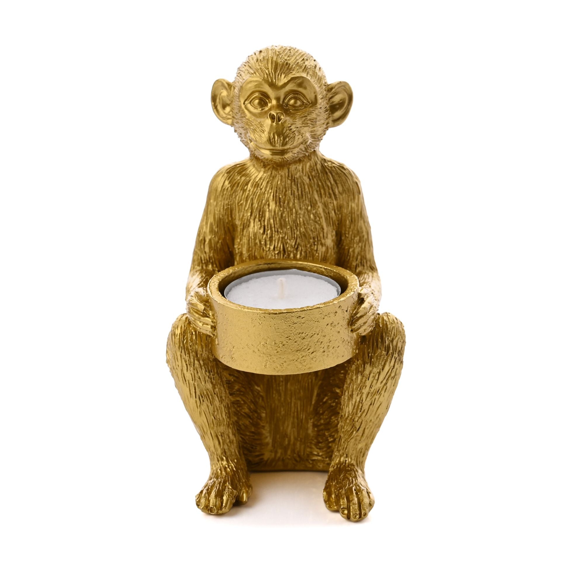 Gold Metallic Polyresin 3D Sitting Monkey Design Tea Light Holder