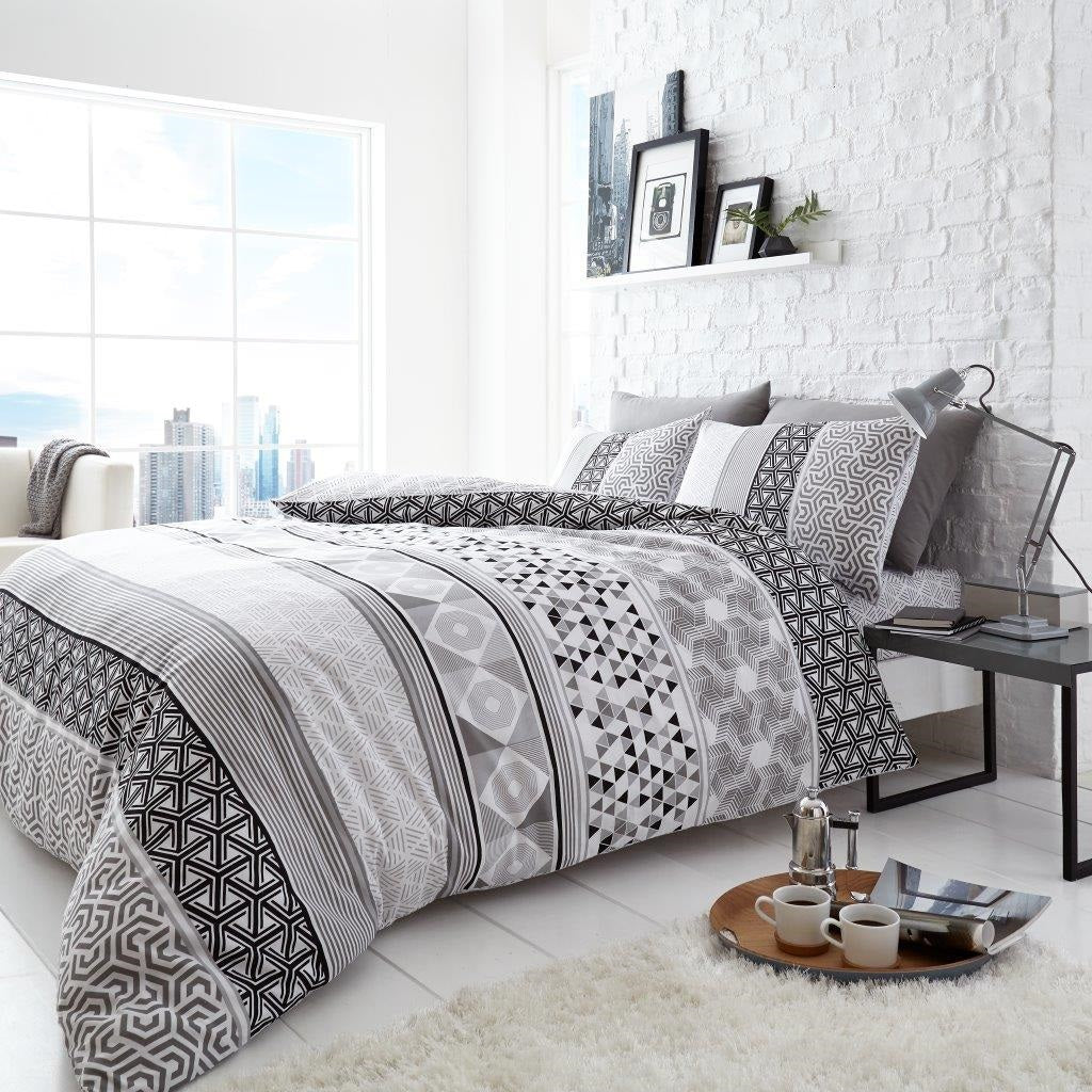 Moroccan Style Duvet Cover Set, King, Black & Grey