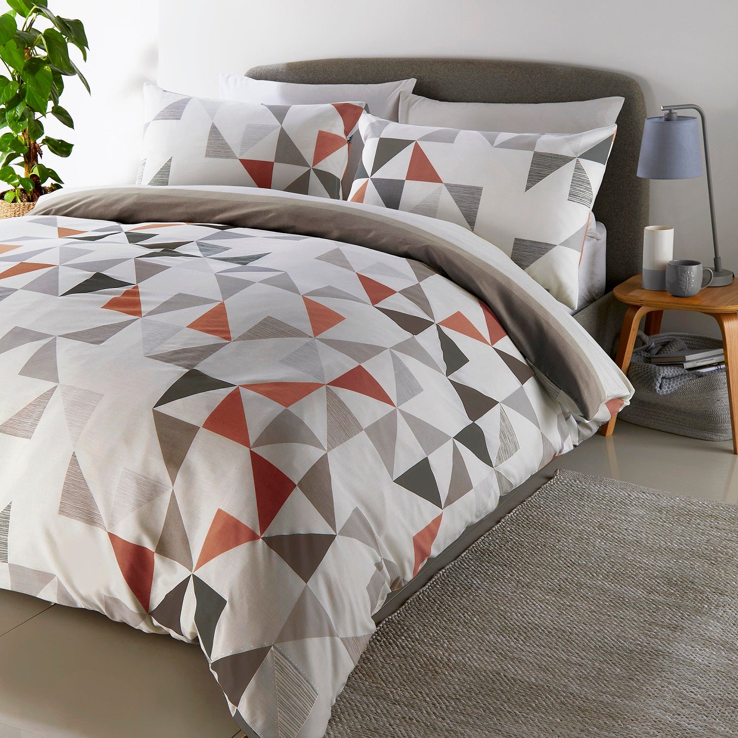 Geometric Striped King Duvet Cover Set - Hendra Terracotta Orange & Natural