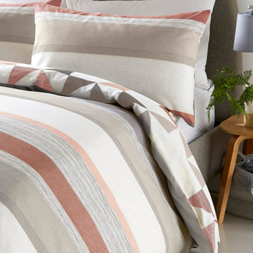 Geometric Striped King Duvet Cover Set - Hendra Terracotta Orange & Natural