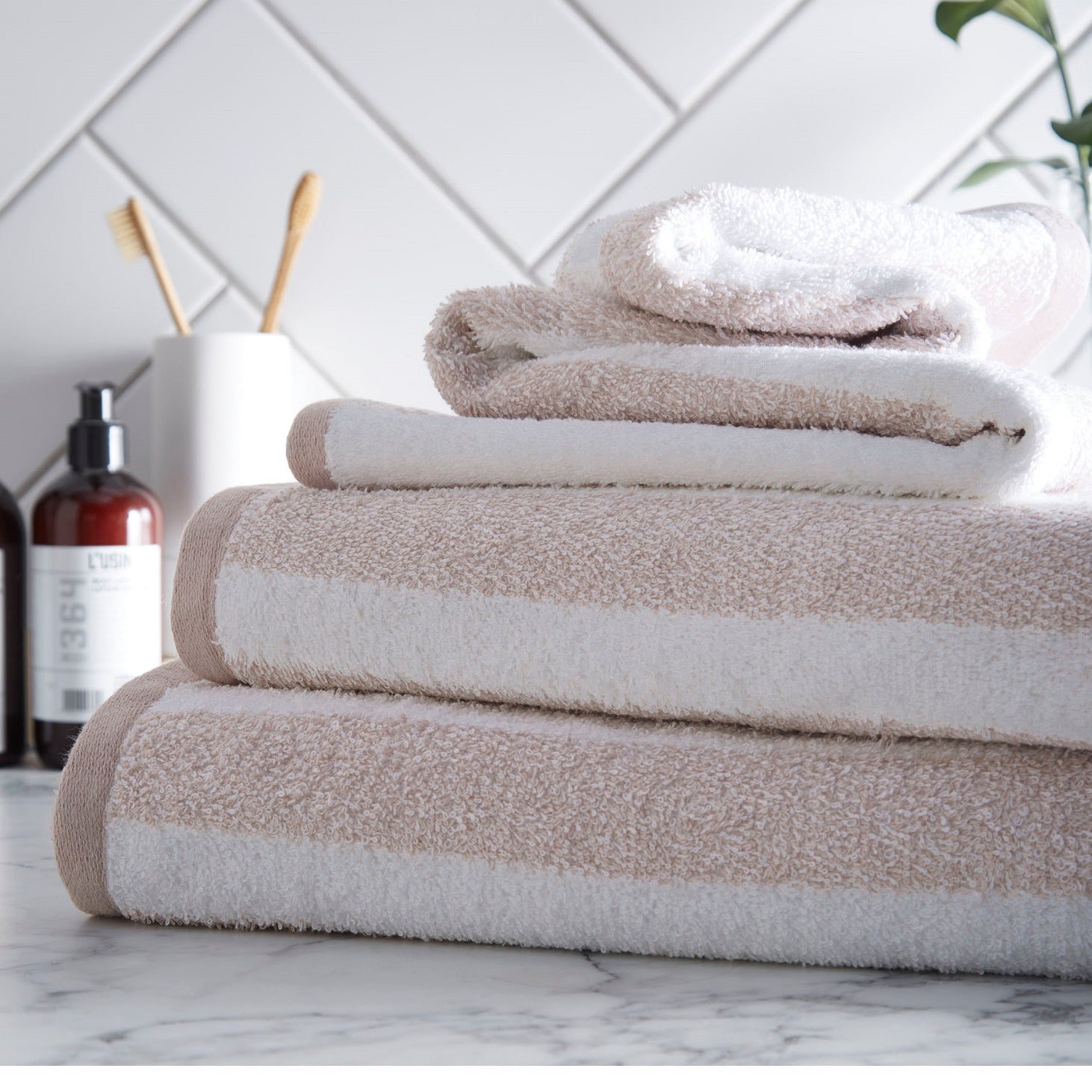 Henley Striped 100% Cotton Bath Towel - Natural & White