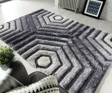 Hand Carved Shaggy Rug Verge Hexagon Grey - 47" x 67"