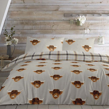 Highland Cow Scottish Tartan Check Single Duvet Cover Set - Grey & Ochre